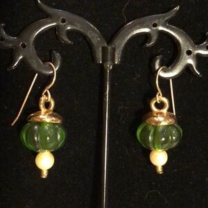 Agatha gold tone French hook faux pearl, green pumpkin acrylic earrings + bag